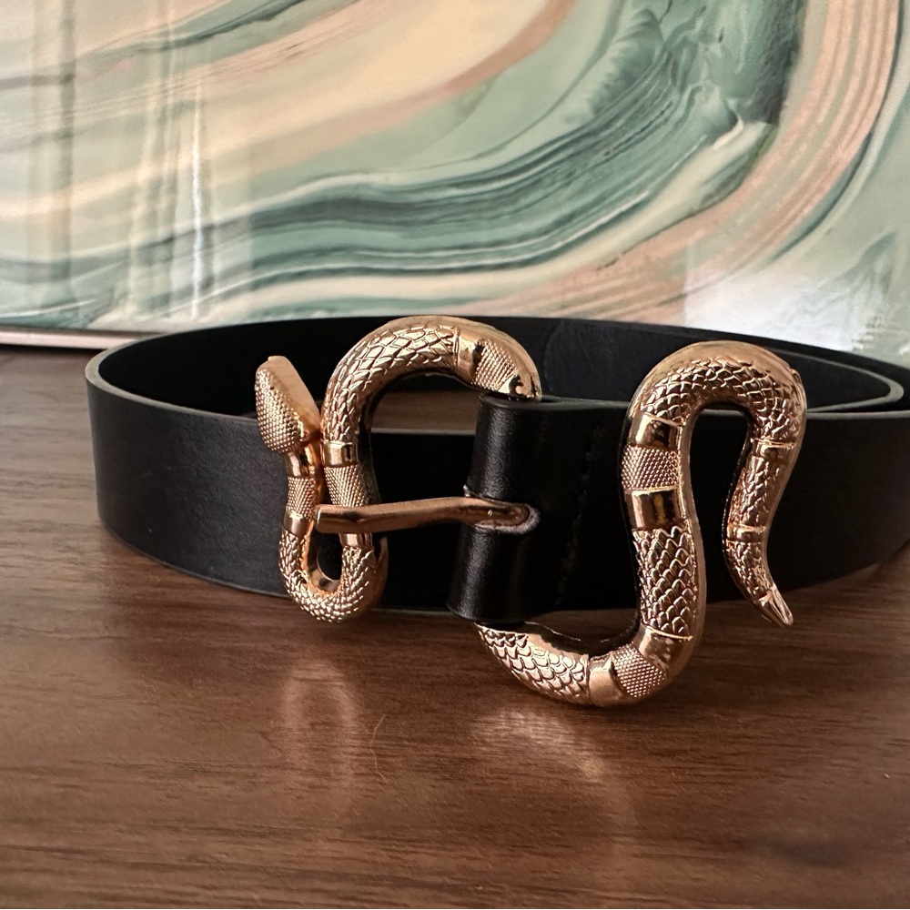 Black Leather Belt with Gold Snake Buckle